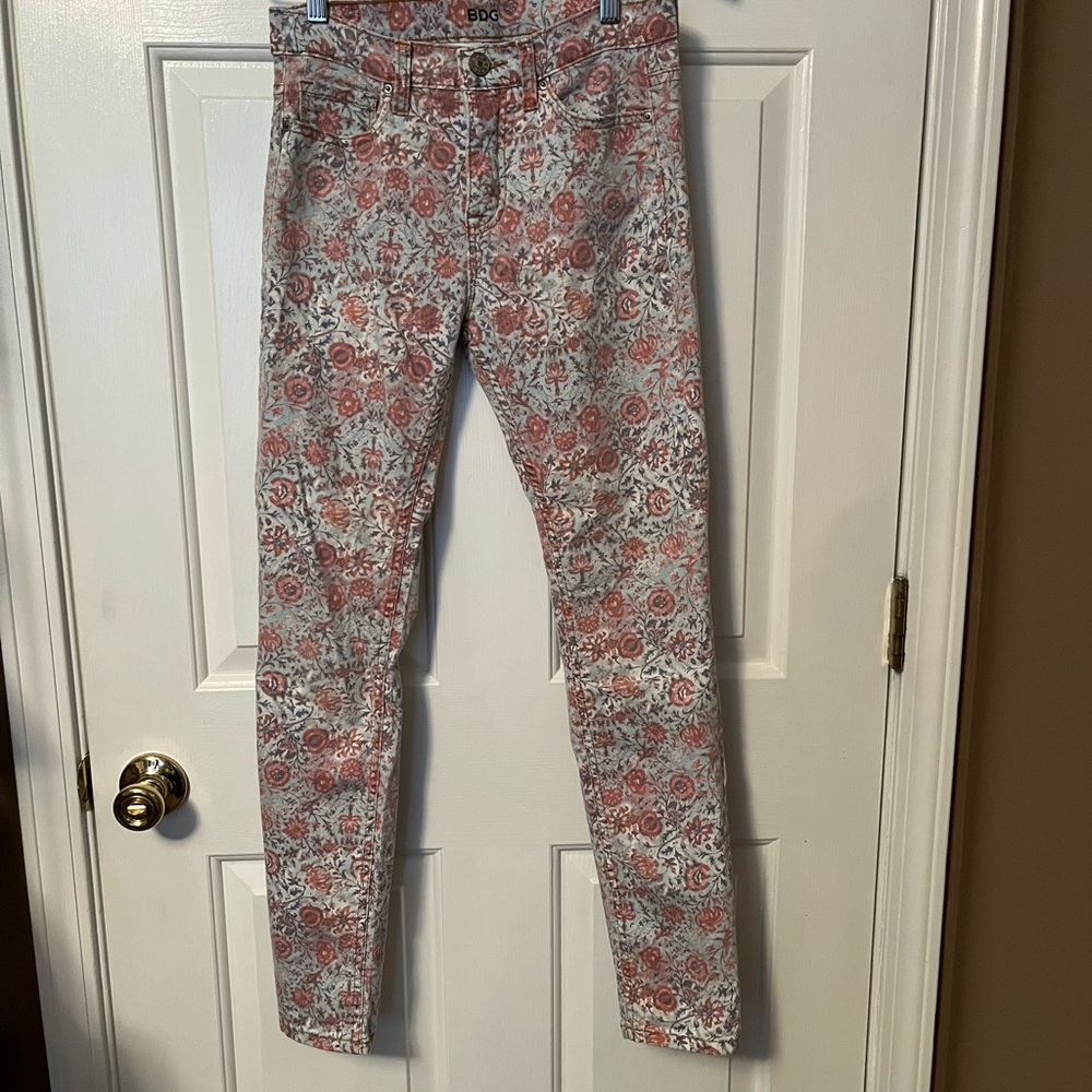 BDG Urban Outfitters High Rise Cigarette Skinny Jeans Pink Blue Floral 28Wx30L